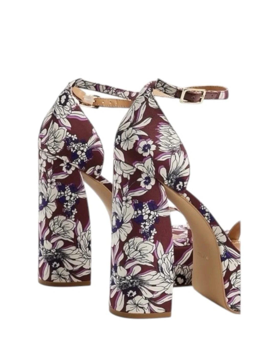Express Platform Ankle-Strap Floral Heeled Sandals in Plum Size 7